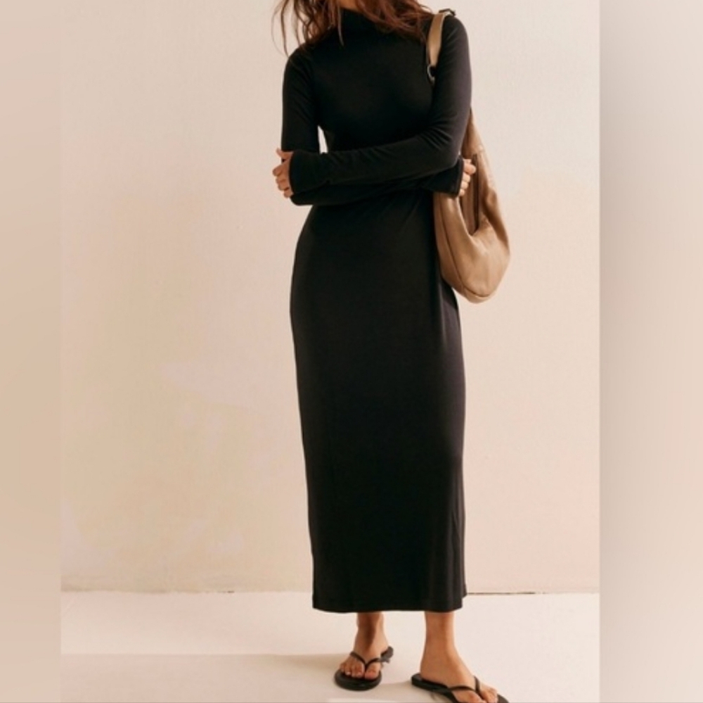 Free People Free-est Good Feels Black Mockneck Midi Dress Size XS